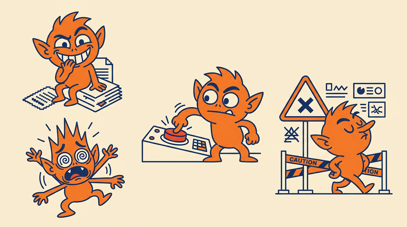BAD the orange gremlin grinning, panicking, pressing the red button and ignoring a warning sign